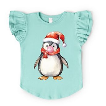 Watercolor Penguin Bubblegum - Flutter Sleeve Graphic T-Shirt