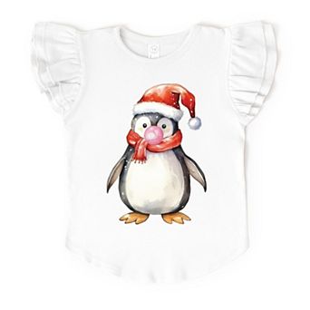 Watercolor Penguin Bubblegum - Flutter Sleeve Graphic T-Shirt