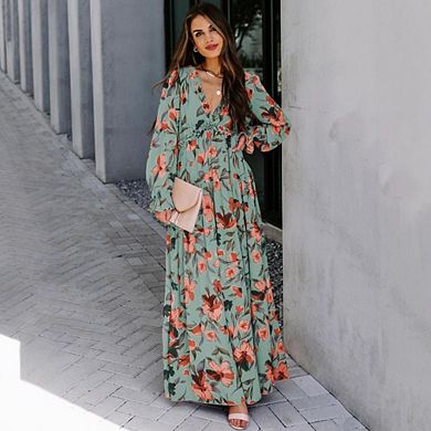 Womens Fall Long Sleeve Boho Floral Maxi Dresses V Neck Flowy Elegant Wedding Guest Vacation Outfits