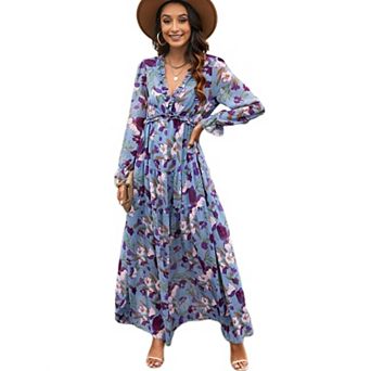 Womens Fall Long Sleeve Boho Floral Maxi Dresses V Neck Flowy Elegant Wedding Guest Vacation Outfits