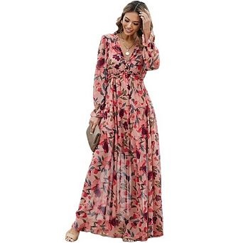 Womens Fall Long Sleeve Boho Floral Maxi Dresses V Neck Flowy Elegant Wedding Guest Vacation Outfits