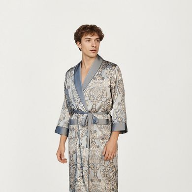 Men's Paisley Print Satin Robe with Contrast Trim Shawl Collar and Waist Tie