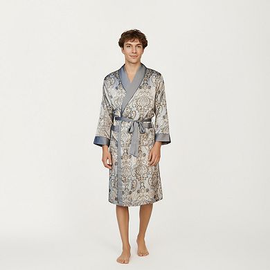 Men's Paisley Print Satin Robe with Contrast Trim Shawl Collar and Waist Tie