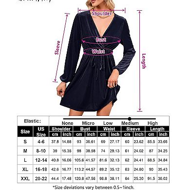 Women's Velvet Dress Wrap V Neck Pleated Waist Long Sleeve Casual Party Skater Dresses