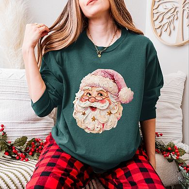 Santa Face Textured Paint - Women's Garment Dyed Long Sleeve Graphic T-Shirt