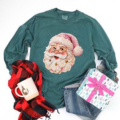Santa Face Textured Paint - Women's Garment Dyed Long Sleeve Graphic T-Shirt