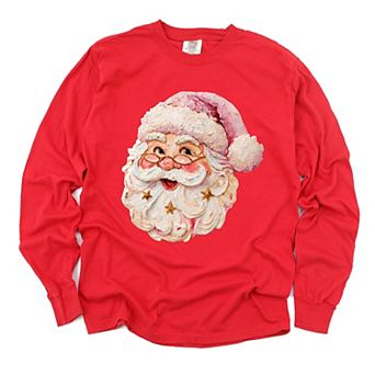 Santa Face Textured Paint - Women's Garment Dyed Long Sleeve Graphic T-Shirt