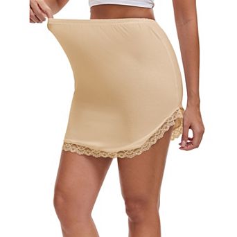 Women's Curved Slit Lined Lace Trim Half Slip Modal High Waist Knee Length Underskirt