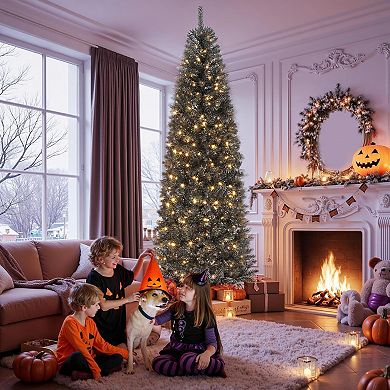 Prelit Pencil Christmas Tree, Artificial Xmas Tree with/Dual Color LED Lights, Metal Stand