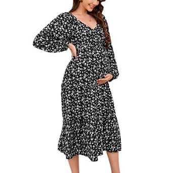 Womens Boho Maternity Dress Casual Chic Floral V Neck Long Sleeve A Line Ruffle Hem Midi Dresses