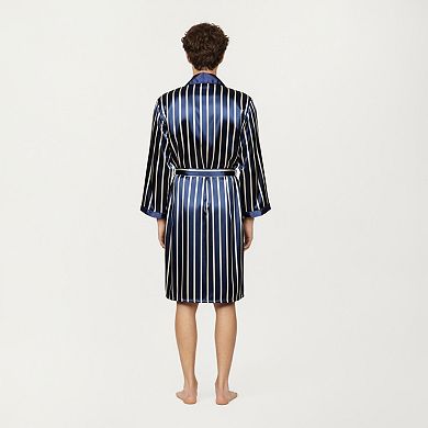 Men's Satin Robe with Geometric Print Contrast Shawl Collar and Waist Tie