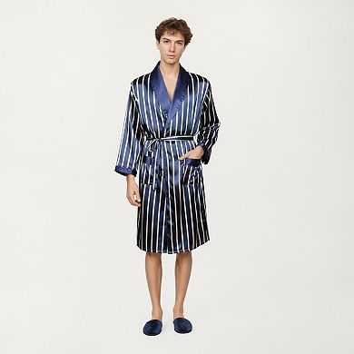Men's Satin Robe with Geometric Print Contrast Shawl Collar and Waist Tie