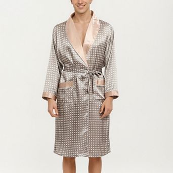 Men's Satin Robe with Geometric Print Contrast Shawl Collar and Waist Tie