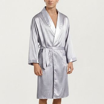 Men's Satin Robe with Geometric Print Contrast Shawl Collar and Waist Tie