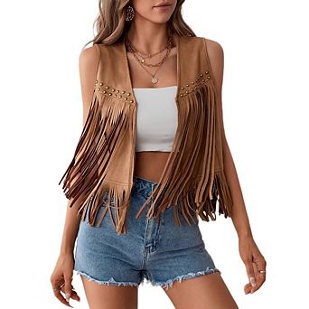 Women Tassel Vest 70sHippie Sleeveless Faux Suede Rivets Fringe Vest Waistcoat Jacket Cowgirl Outfit