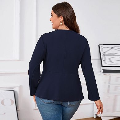 Plus Size Women's V-Neck 3/4 Sleeve Blazer Two-Button Tailed Cardigan for Business or Casual
