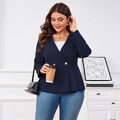 Plus Size Women's V-Neck 3/4 Sleeve Blazer Two-Button Tailed Cardigan for Business or Casual