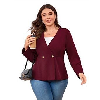 Plus Size Women's V-Neck 3/4 Sleeve Blazer Two-Button Tailed Cardigan for Business or Casual