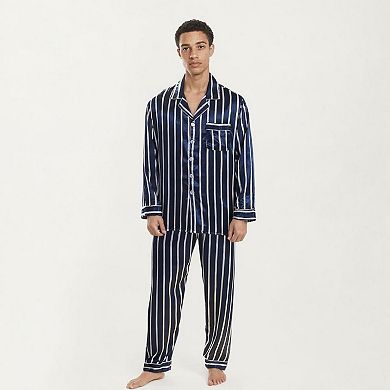 Men's 2-Piece Set Satin Pajamas with Vertical Stripe Pattern and Button-Up Top