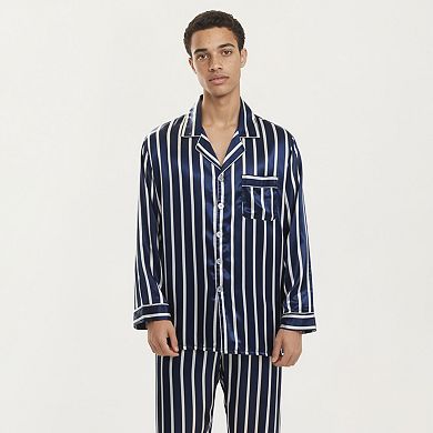 Men's 2-Piece Set Satin Pajamas with Vertical Stripe Pattern and Button-Up Top