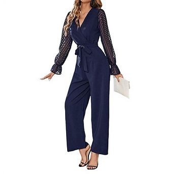 Jumpsuits for Women Dressy Mesh Long Sleeve Wrap V Neck Casual Belted Wide Leg Long Pants Rompers