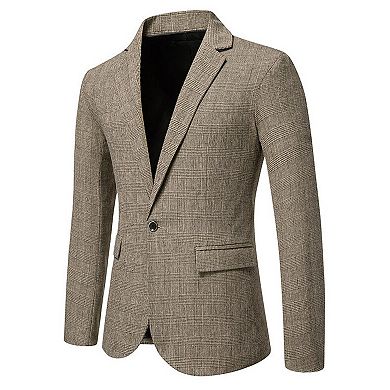 Men's Wool Blend Single-Breasted Blazer Notch Lapel Casual Sport Coat with Subtle Check Pattern