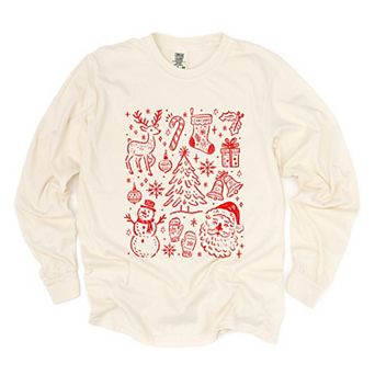 Christmas Chalk Icons - Women's Garment Dyed Long Sleeve Graphic T-Shirt
