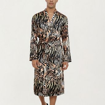 Men's Satin Robe with Tiger Print Design and Adjustable Waist Tie