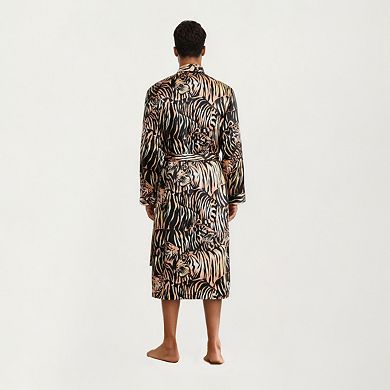 Men's Satin Robe with Tiger Print Design and Adjustable Waist Tie