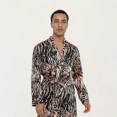 Men's Satin Robe with Tiger Print Design and Adjustable Waist Tie