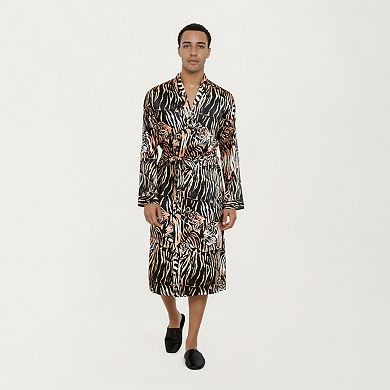 Men's Satin Robe with Tiger Print Design and Adjustable Waist Tie