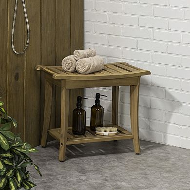 Kileja Modern Acacia Wood Shower Bench with Storage Shelf, Water-Resistant 2-Tier Spa Bath Stool
