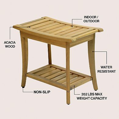 Kileja Modern Acacia Wood Shower Bench with Storage Shelf, Water-Resistant 2-Tier Spa Bath Stool