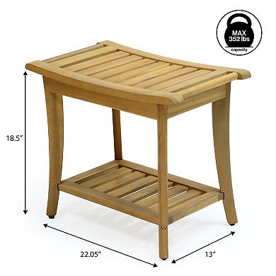Kileja Modern Acacia Wood Shower Bench with Storage Shelf, Water-Resistant 2-Tier Spa Bath Stool