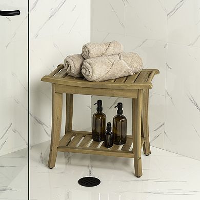 Kileja Modern Acacia Wood Shower Bench with Storage Shelf, Water-Resistant 2-Tier Spa Bath Stool