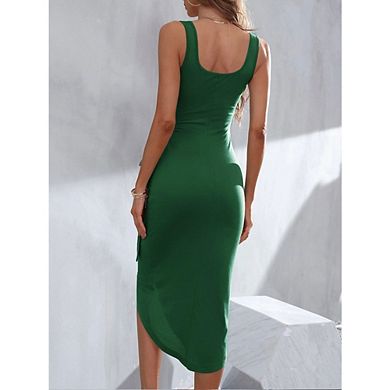 Womens Summer Sleeveless Solid Split Front Bodycon Tank Dress with Belt Cocktail Party Midi Dresses