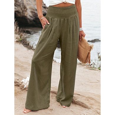 Women Linen Palazzo Pants Boho Wide Leg High Waist Casual Lounge Pant Beach Travel Vacation Outfits
