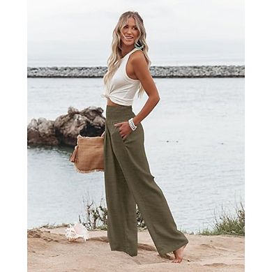 Women Linen Palazzo Pants Boho Wide Leg High Waist Casual Lounge Pant Beach Travel Vacation Outfits