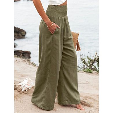 Women Linen Palazzo Pants Boho Wide Leg High Waist Casual Lounge Pant Beach Travel Vacation Outfits
