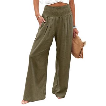 Women Linen Palazzo Pants Boho Wide Leg High Waist Casual Lounge Pant Beach Travel Vacation Outfits