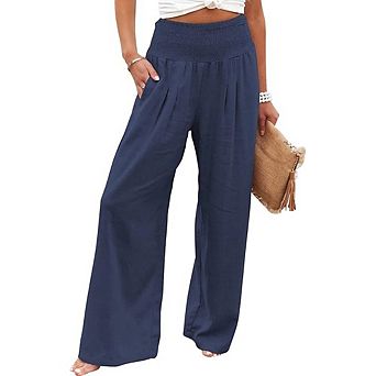 Women Linen Palazzo Pants Boho Wide Leg High Waist Casual Lounge Pant Beach Travel Vacation Outfits
