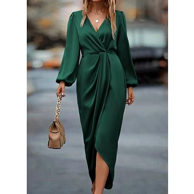 Women's Dress Satin Wrap V Neck Long Sleeve Maxi Dress