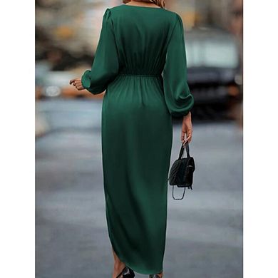 Women's Dress Satin Wrap V Neck Long Sleeve Maxi Dress