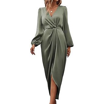 Women's Dress Satin Wrap V Neck Long Sleeve Maxi Dress