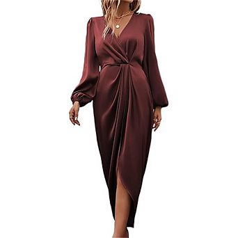 Women's Dress Satin Wrap V Neck Long Sleeve Maxi Dress