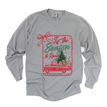 Tis The Season To Read Red Truck - Women's Garment Dyed Long Sleeve Graphic T-Shirt