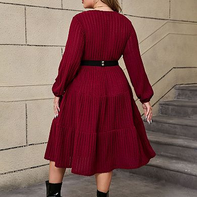 Plus Size Women's Tiered Lantern Sleeve Knit Midi Sweater Dress