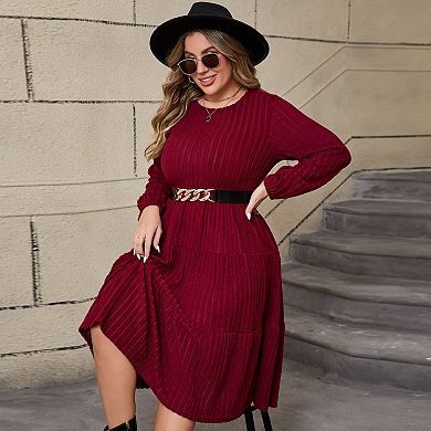 Plus Size Women's Tiered Lantern Sleeve Knit Midi Sweater Dress