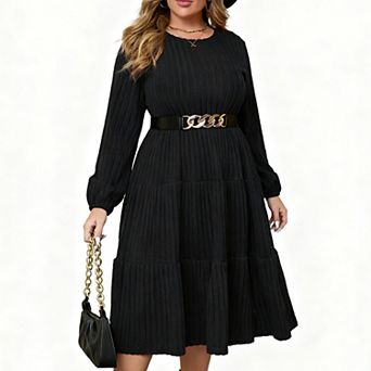 Plus Size Women's Tiered Lantern Sleeve Knit Midi Sweater Dress