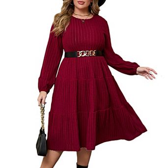 Plus Size Women's Tiered Lantern Sleeve Knit Midi Sweater Dress
